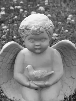 stone cherub with bird