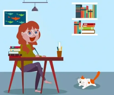 study background female student cat book icons decor