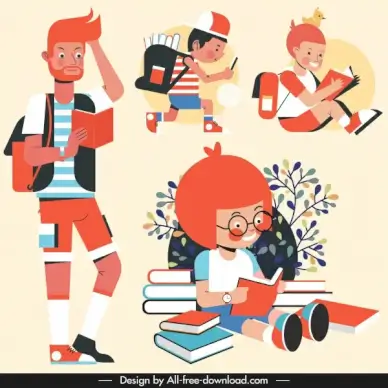 study icons man reading book sketch cartoon characters