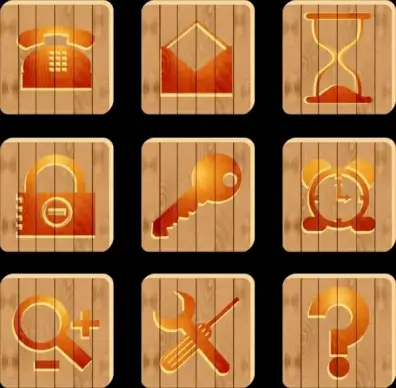stuffs symbols isolation brown flat design wooden background