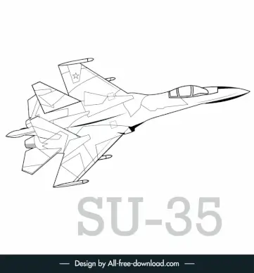 su 35 jet icon black white 3d outline