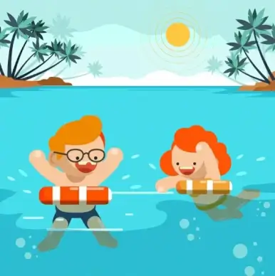summer background joyful swimming children icon cartoon design