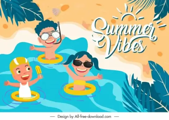 summer background template playful children sketch cartoon characters