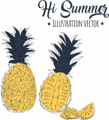 summer banner pineapple icons handdrawn design