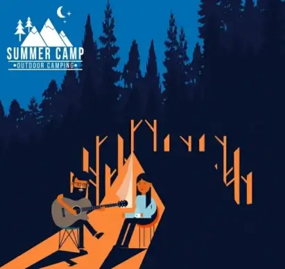 summer camp poster people playing guitar forest backdrop