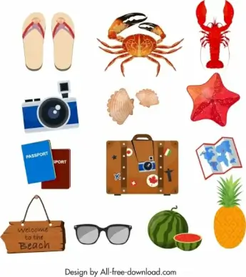 summer design elements trip utensils sea creatures icons