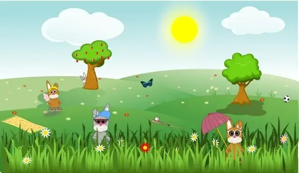 Summer green and sunny landscape with bunnies, trees, flowers, butterfly, apples, sports, ...