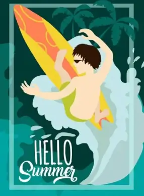 summer holiday banner excited surfer icon design
