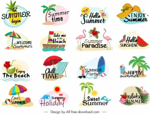 summer holiday logotypes colorful beach symbols sketch
