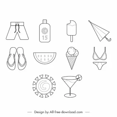 summer icon sets flat handdrawn classical objects sketch