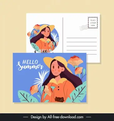 summer postcard templates cute lady cartoon flowers leaf