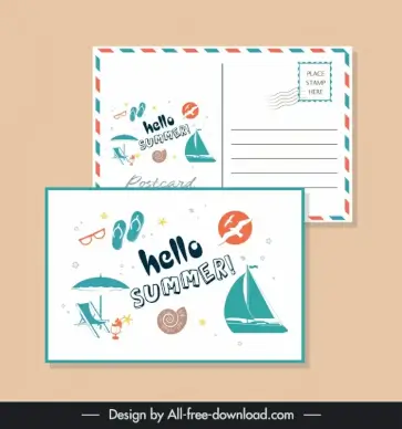 summer postcard templates elegant flat beach elements 