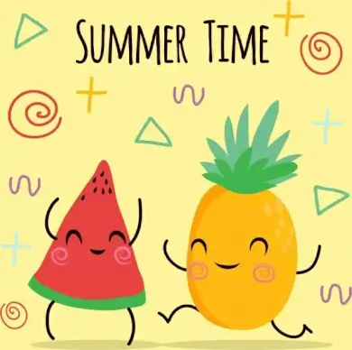 summer poster watermelon pineapple icons cute stylized design