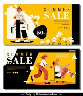 summer sale banners shoppers sketch colorful cartoon design
