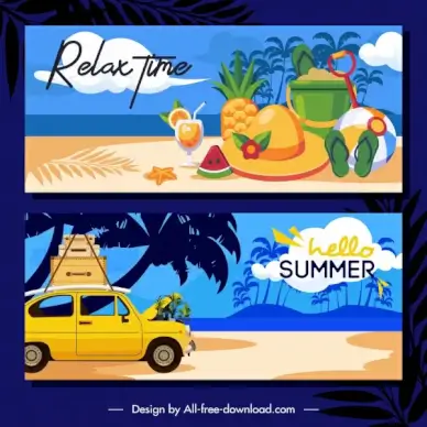 summer time banner templates colorful classic sea elements