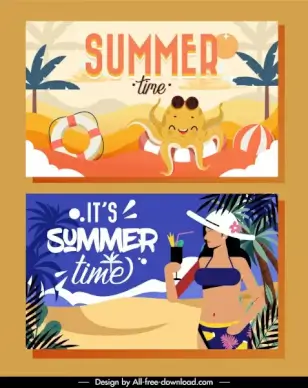summer time banners beach elements sketch colorful classic