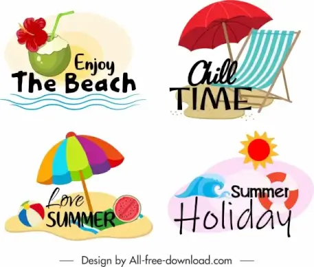 summer time logotypes colorful beach elements sketch