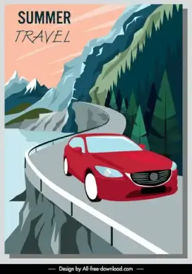 summer travel banner car mountain road sketch