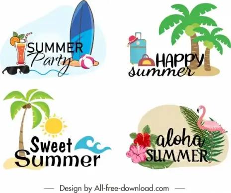 summer vacation logotypes colorful classical symbols sketch