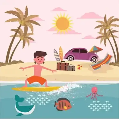 summer vacation on sea drawing with joyful man