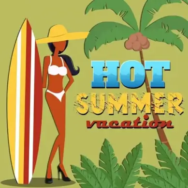 summer vacation poster bikini woman coconut surfboard icons