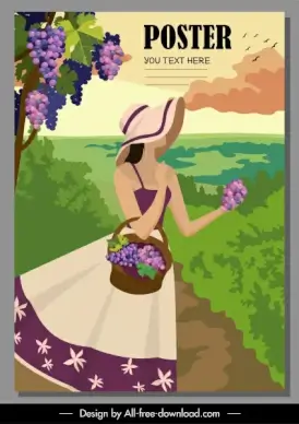 summer vacation poster young woman grapes yard sketch