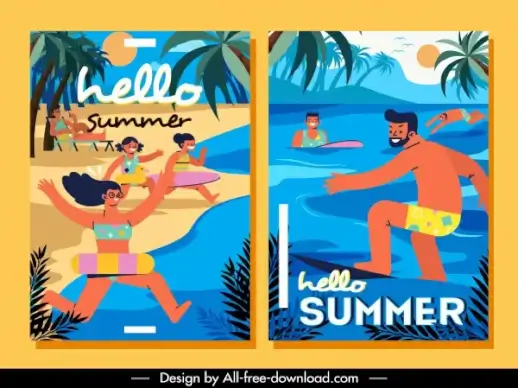summer vacation posters beach activities sketch flat colorful