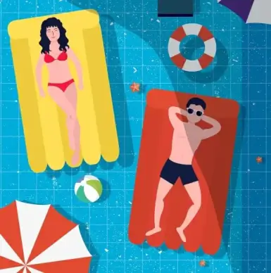 summertime background relaxed people swimming pool colored cartoon