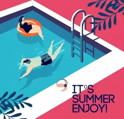 summertime banner swimming pool human icons colored cartoon