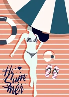 summertime poster bikini woman umbrella icons flat decor