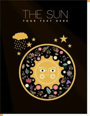 sun background dark colorful cartoon style floral decoration