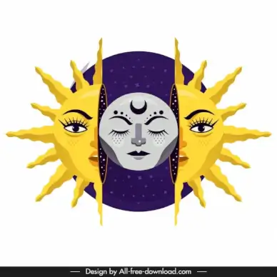 sun moon icon stylized design emotional faces decor