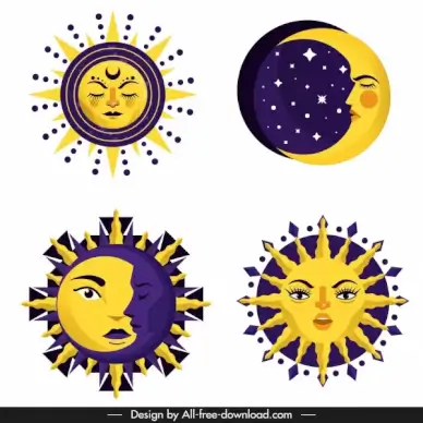 sun moon icons stylized facial sketch