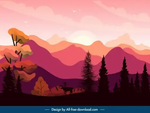 sunset scenery painting wild mountain sketch dark classic