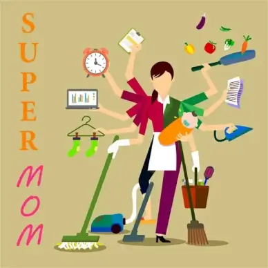 super mom concept illustration with woman and works
