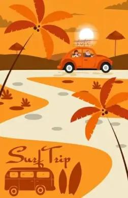 surfing trip painting family car outdoor landscape icons