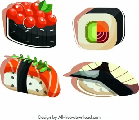 sushi cuisines icons colorful 3d sketch
