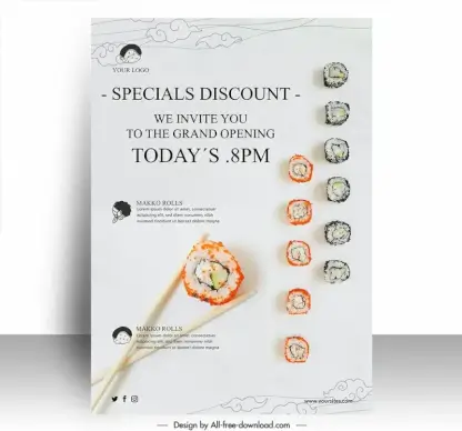 sushi poster template elegant realistic food handdranw clouds