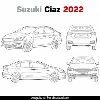 suzuki ciaz 2022 car models advertising template black white handdrawn different views sketch
