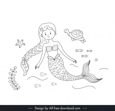 swimming mermaid design elements handdrawn cartoon character outline  