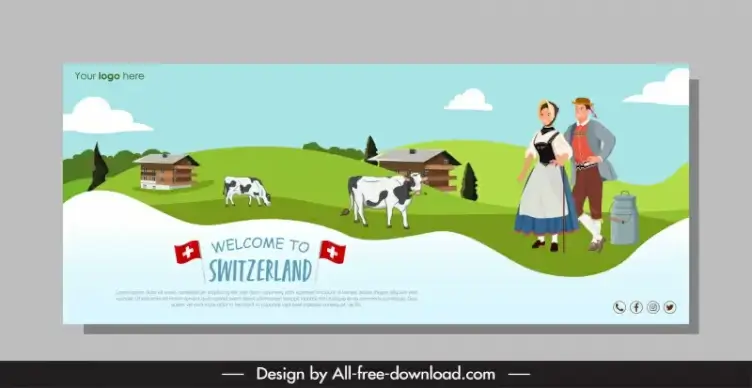 switzerland advertising banner farmer cows sketch cartoon design 
