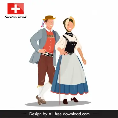   switzerland advertising design elements cartoon man woman in traditional costume sketch