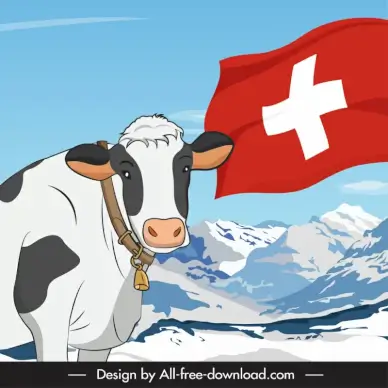  switzerland advertising poster template cartoon cow waving flat snow mountain scenery sketch