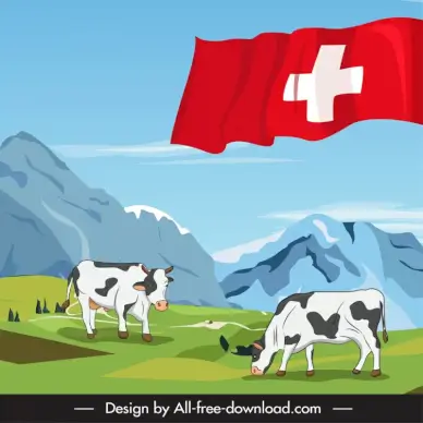  switzerland advertising poster template cartoon design dynamic waving flag rural cows scene outline 