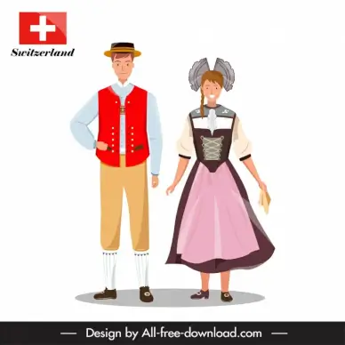  switzerland design elements man woman cartoon traditional costume sketch