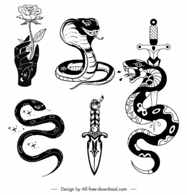 tatoo elements icons classic snake sword rose sketch