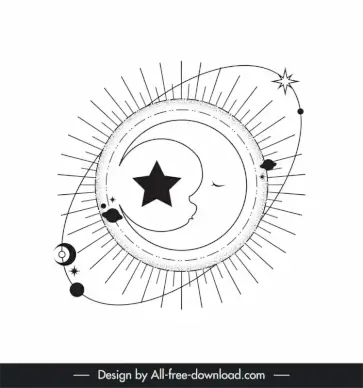 tattoo art template flat black white handdrawn stylized moon face stars sketch