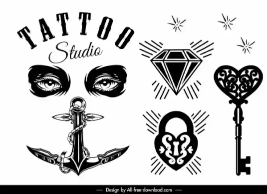 tattoo decor elements black white vintage shapes
