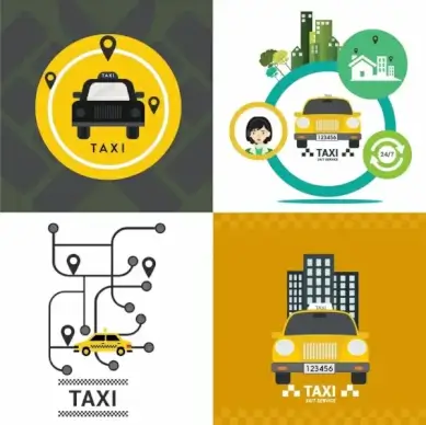 taxi advertisement sets yellow car navigation service icons