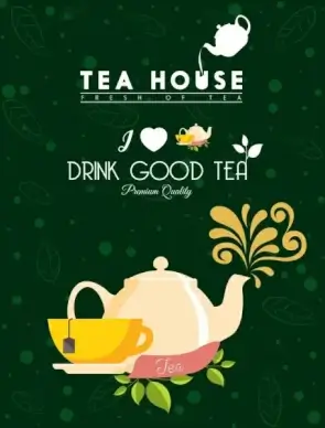 tea advertisement cup pot icons green leaves backdrop